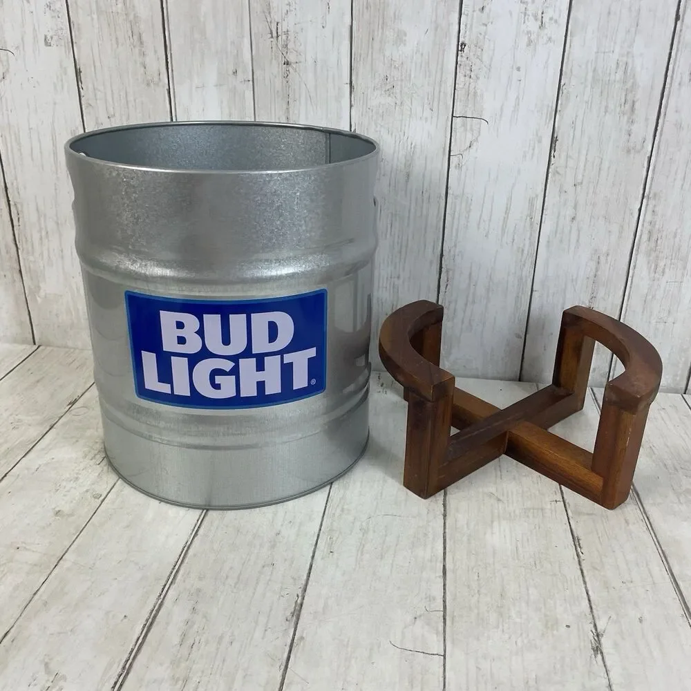 Bud Light Beer Ice Holder Metal Bucket Pony Keg W/ Wooden Stand - Rare!